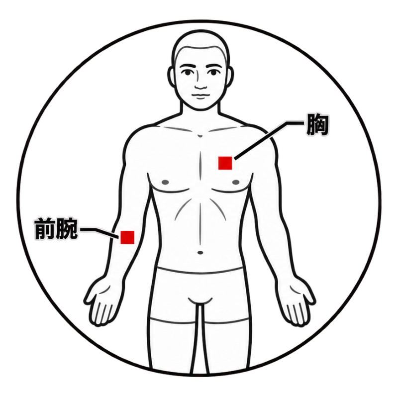 貼付部位の図（男性）。胸と前腕に印