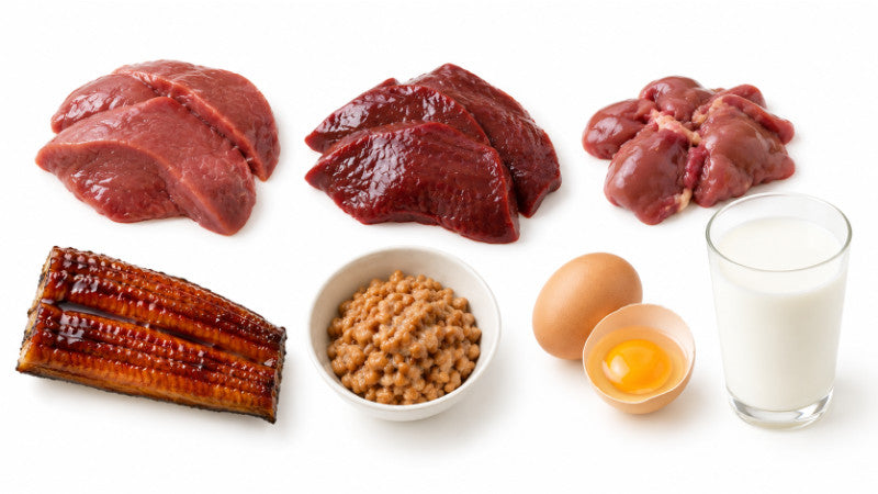 牛肉・レバー・うなぎ・納豆・卵・牛乳などの食品