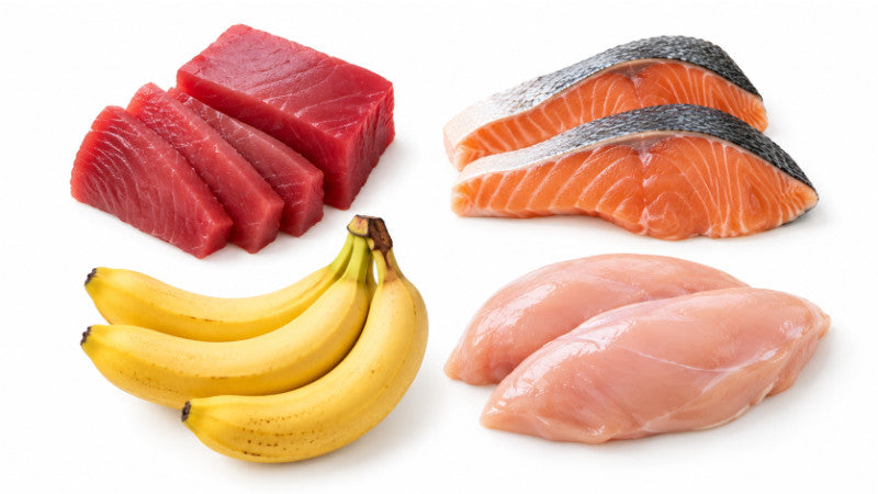 まぐろ・サーモン・バナナ・鶏むね肉などの食品