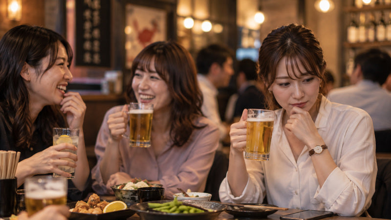 居酒屋でビールを飲みながら話す女性たち