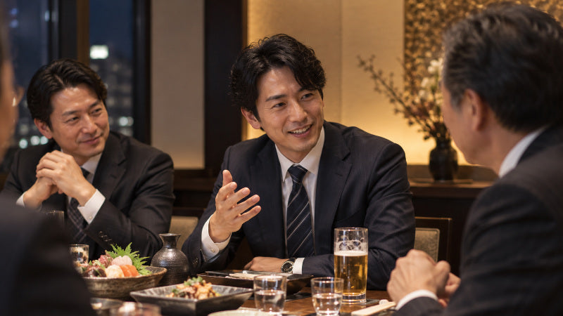 取引先との会食で歓談するビジネスパーソン