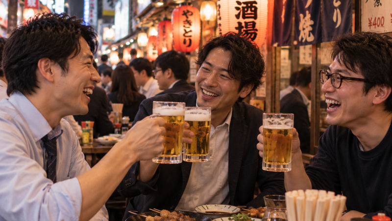 居酒屋街で友人同士がジョッキで乾杯する様子